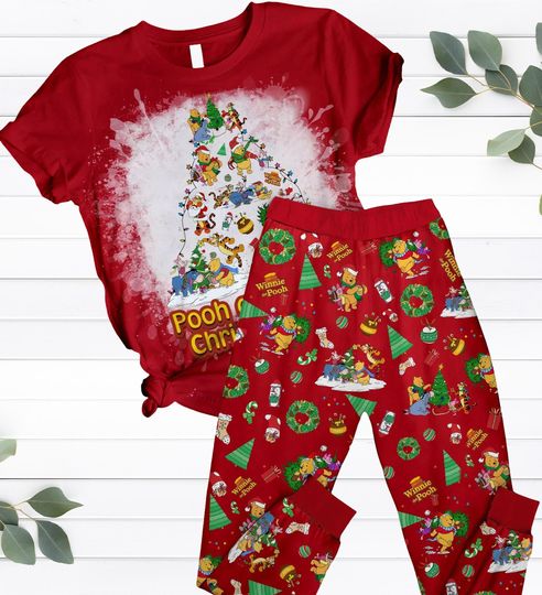 Discover Pooh Christmas Tree Pajamas Set, Winnie The Pooh Xmas T-Shirt And Pants, Disneyland Xmas Pajamas For Women Men Kids, Bear Xmas Pajamas