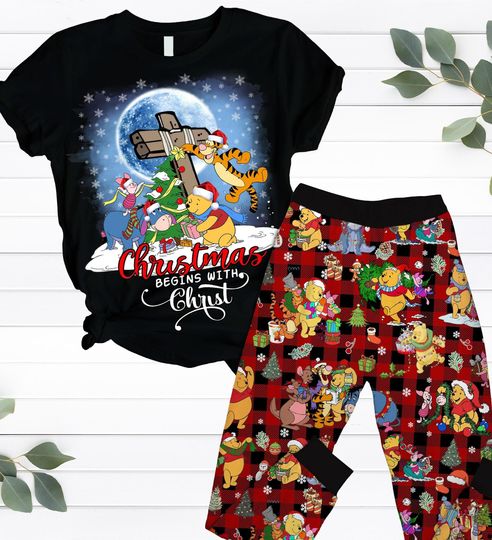 Discover Winnie The Pooh Christmas With Christ Pajamas Set, Pooh And Friends T-Shirt And Pants, Disney Xmas Pjs For Women Men Kid, Xmas Gift
