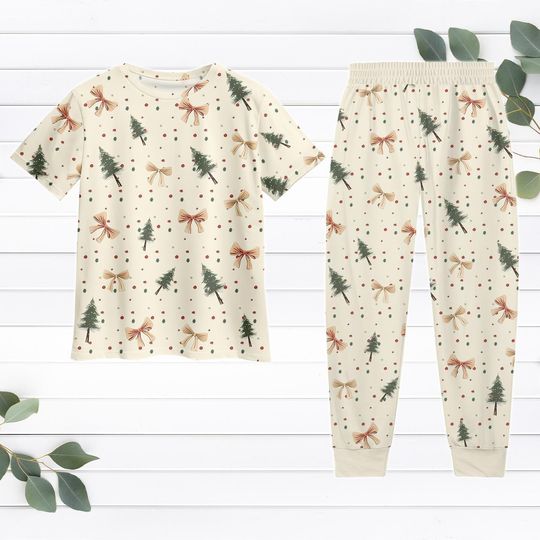 Discover Christmas Tree T-Shirt And Pants, Xmas Holiday Pajamas Set, Coquette Bows Pajamas Family, Merry Xmas Tee, Xmas Gift For Her Him Kids