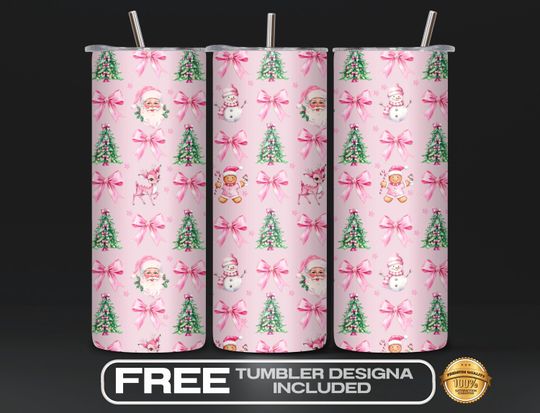 Discover Coquette Christmas Tumbler Wrap 20oz , Pretty Pink Bows, Santas and Gingerbread, Holiday Sublimation Design,  Holiday Mug Wrap