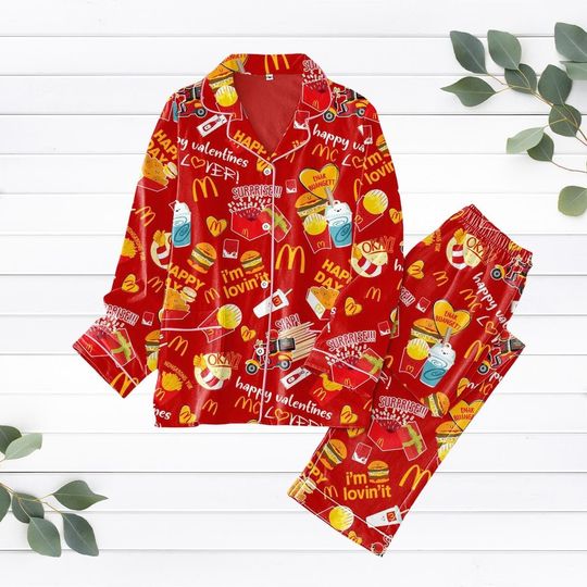 Discover McDonald Christmas Pajamas Set, Fast Food Pajama Set Women, Worker Pajamas Pants, McDonald Lover Holiday Pajamas, Happy Valentine Pajamas