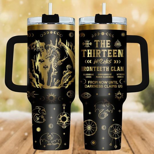 Discover Thirteen Engraved 40 oz Tumbler with Handle, Thrones of Glass, Manon Blackbeak, Ironteeth Witches, Dorian Havilliard, Terrasen, Bookish