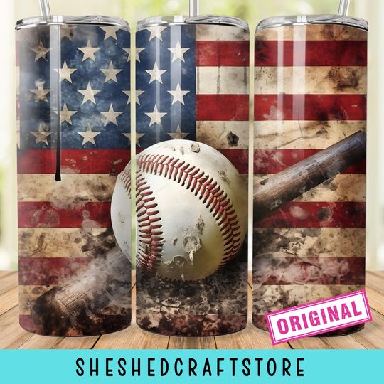 Discover Grunge American Flag Baseball 20 oz Tumbler Wrap, Patriotic Wrap, Digital Download PNG, Sublimination Design, Seamless Straight Tumbler Wrap