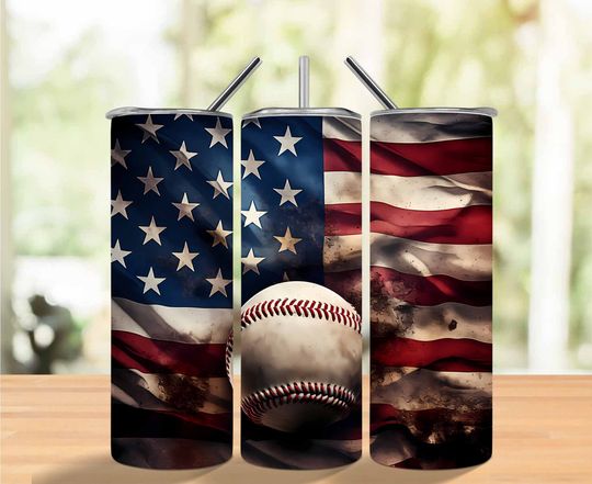 Discover 3D Rustic Baseball American Flag 20 oz Skinny Tumbler Sublimation Design, Instant Digital Download PNG, Straight Tumbler Wrap