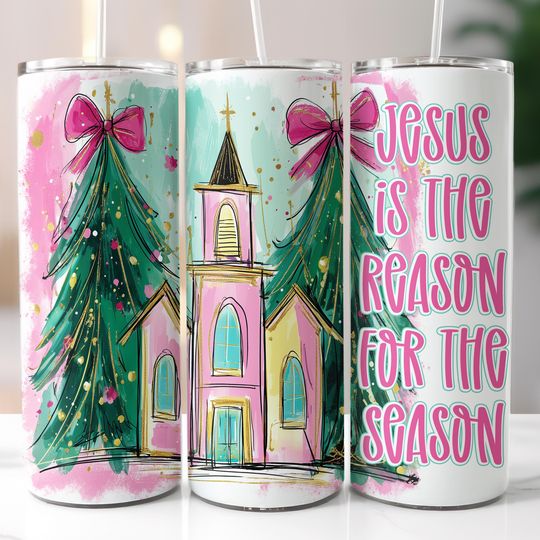 Christian Pink Preppy Christmas 20 oz Skinny Tumbler Wrap Jesus Is The Reason Tumbler Sublimation Christmas Pink  Cross Tumbler