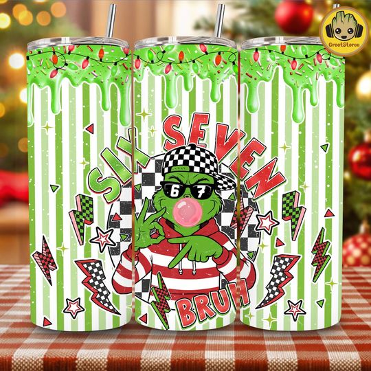 Discover Funny Six Seven Meme Christmas 20oz Tumbler Wrap  , Viral 6 7 Saying Tumbler Design, Trendy Green Mean Guy Xmas Wrap