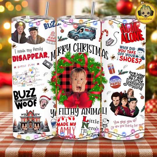 Christmas Movie Kid Alone 20 oz Skinny Tumbler  , Ya Filthy Animal Skinny Wrap Design, Classic Movie Tumbler