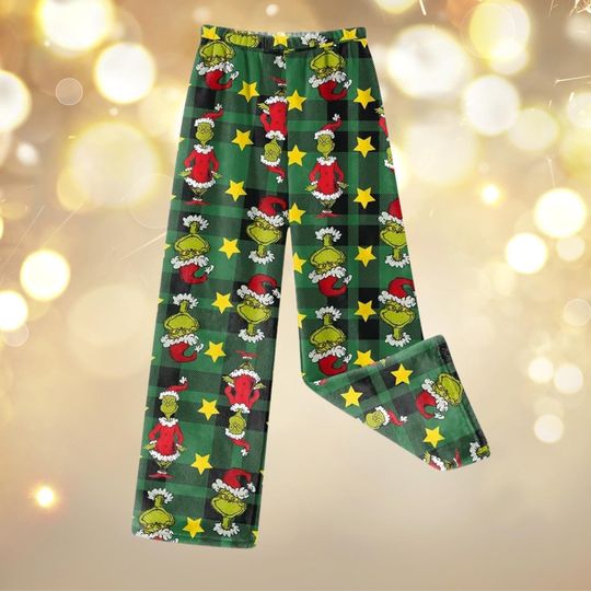 Discover funny character Christmas Pajama Pants, Green Plaid Holiday Loungewear, Gift for Women