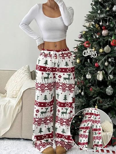 Discover Womens Christmas Fleece Pajama Pants  Cozy Holiday Reindeer & Tree Print