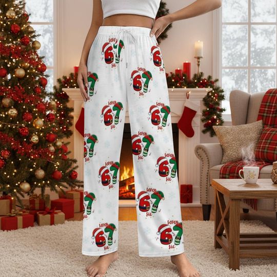 Discover Six Seven Meme Christmas Contrast Pajamas Pants For Women Men, 67 Christmas Pajama Pants and Socks, Matching Holiday Number Sleepwear Gifts