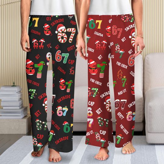 Discover Funny 67 Meme Christmas Pajamas Paints, Trendy 67 Viral Slang Gen Z Gen Alpha, Six Seven Christmas PJs Paint, 6 7 Hot Number Sleepwear PJs