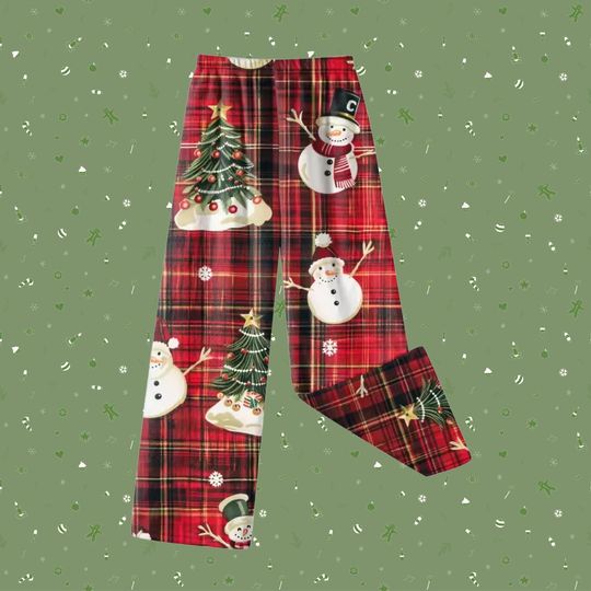 Tartan Plaid Christmas Pajama Pants with Snowman and Xmas Tree Print