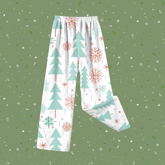 Discover Modern Teal Christmas Tree Sleep Pants, Winter Snowflake Pattern Pajama Bottoms