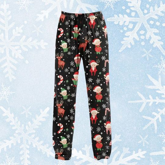 Discover Christmas Pajama Pants, Elf Reindeer Pattern, Holiday Loungewear Bottoms, Family Matching Gift, Cozy Xmas Trousers, Xmas Gifts