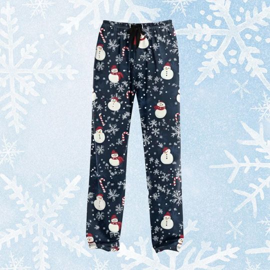 Classic Snowman Christmas Pajamas, Candy Cane Pattern, Warm Holiday Sleepwear Bottoms, Xmas Lounge Pants