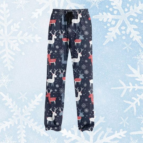 Discover Navy Christmas Pajama Pants, Reindeer Snowflake Pattern, Winter Sleepwear Bottoms, Cozy Holiday Trouser Gift