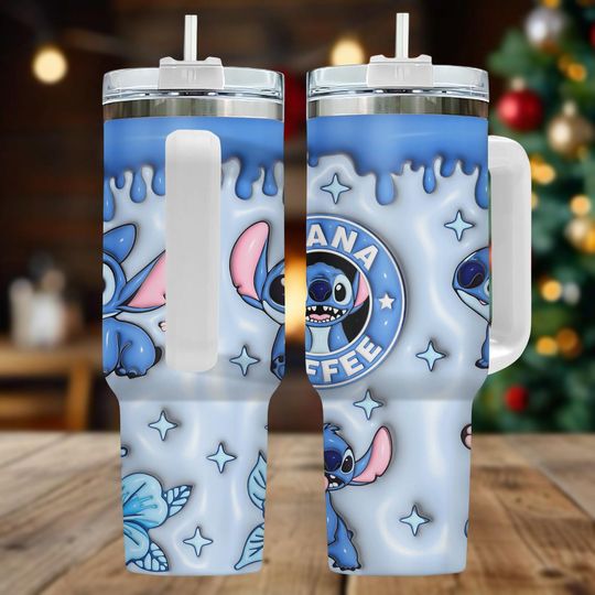 Discover Stitch 40oz Tumbler, Disney Tumbler With Handle, Cartoon Print Tumbler