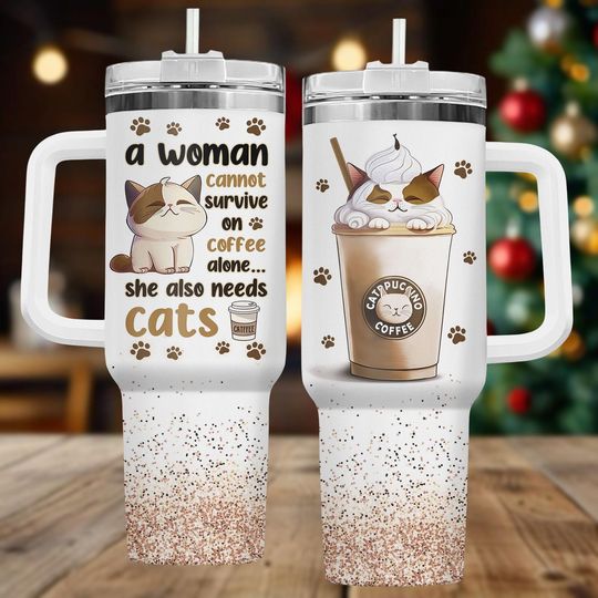 Discover Cat Coffee 40oz Tumbler, Cat Lover Tumbler With Handle, Cat Print Tumbler