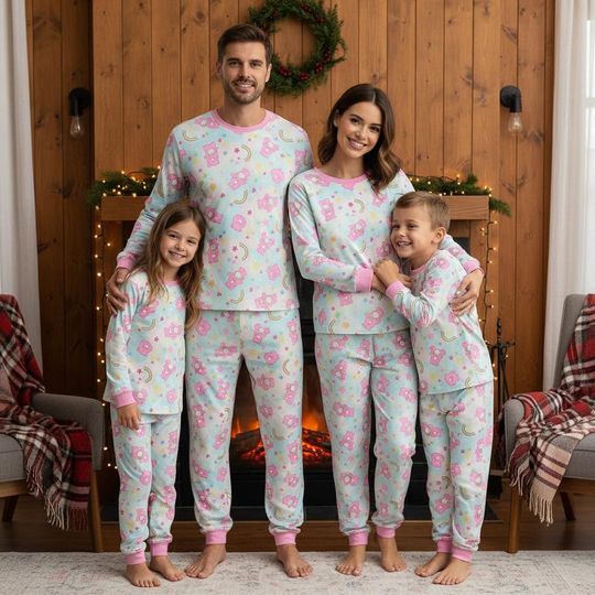 Discover Cute Bear Family Pajama Set, Pink Long Pajamas, Cartoon Bear Long Sleeve Top & Pants, Matching Family Sleepwear