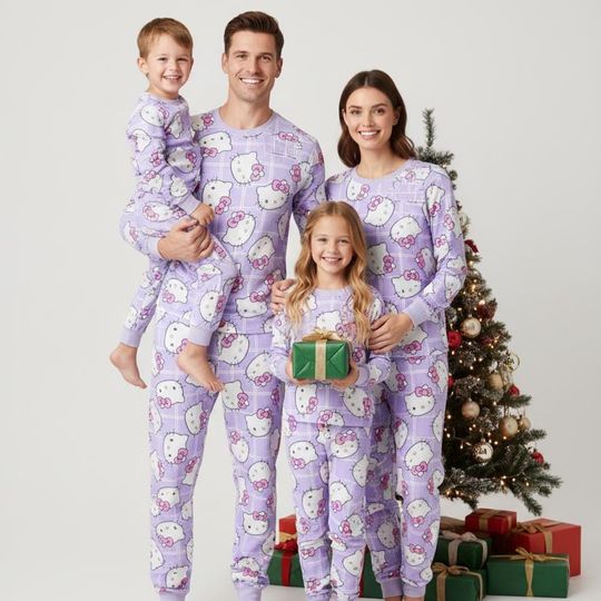 Discover Kitty Family Pajamas, Cute Cat Long Pajamas, Purple Long Tee & Pants PJs, Family Matching Pajamas Set, Family Sleepwear Xmas Gift