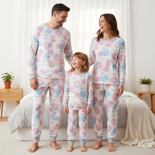 Discover Cute Animal Family Pajamas, Cartoon Bear Long Pajamas, Pastel Bear Long Tee & Pants PJs, Family Matching Pajamas Set, Perfect Pajama Fa