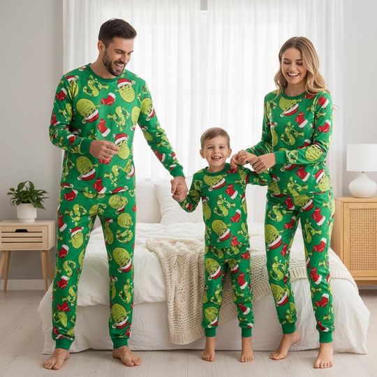 Discover Green Barley Family Pajama Set with Cartoon Long Pajamas for Xmas and Matching Sleepwear