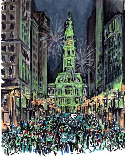 Print of Eagles Super Bowl win celebration on broad street in front of glowing green city hall