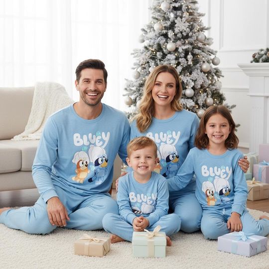Discover Blue Family Raglan Pajamas Set with Cartoon Long Sleeve Tee and Pants for Matching Family Sleepwear