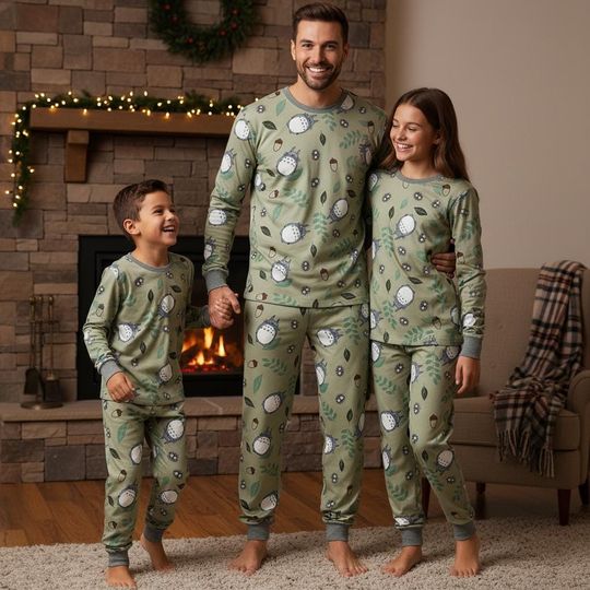 Discover Forest Friend Family Pajama Set, Cozy Long Sleeve PJs, Anime Long Tee & Pants, Matching Sleepwear for Christmas