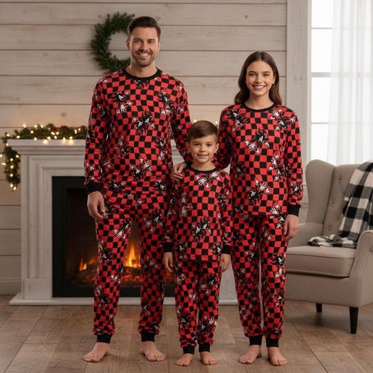 Checkered Family Pajamas with Hedgehog Long Sleeve PJs and Red Plaid Long Tee & Pants Sleepwear Set