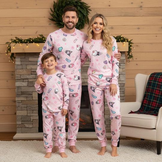 Discover Cute Kitten Family Pajamas Set, Cartoon Long Sleeve PJs, Kawaii Cat Long Tee & Pants, Matching Family Sleepwear