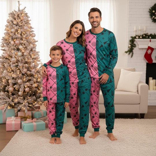 Pink and Green Witch Family Pajamas Set, Long Sleeve Winter PJs with Colorful Tee and Pants for Families