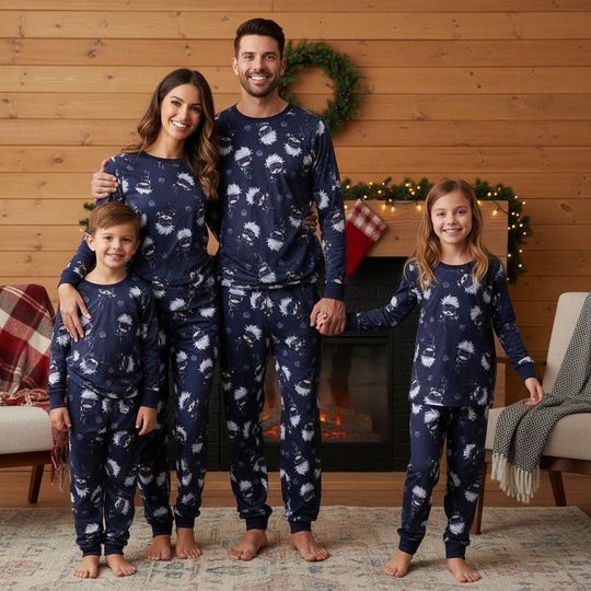 Anime Chibi Family Pajamas Set with Long Sleeve Top and Pants, Gojo Inspired Loungewear, Xmas Sleepwear for Anime Fans