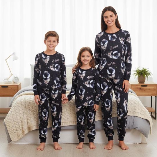 Discover Antihero Family Pajamas Set Marvel Comic Long Sleeve PJs Black Long Tee and Pants Matching Sleepwear