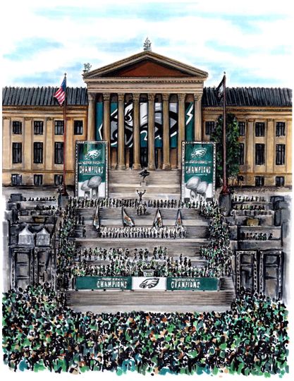 Discover art print of the Philadelphia Eagles Super Bowl parade at the Philly art museum