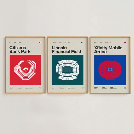 Philadelphia Sports Stadium Print Set | Eagles, Phillies, Sixers | Minimalist Mid Century Modern Bedroom Office Posters