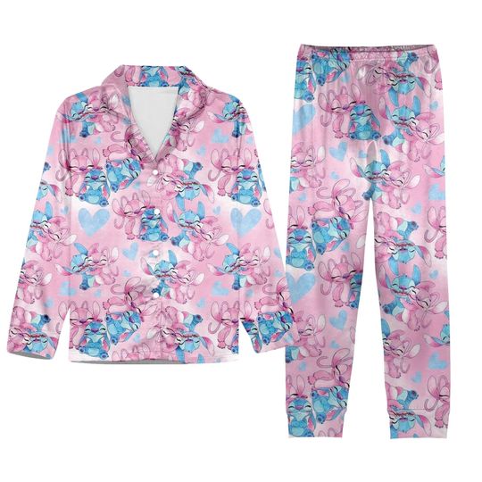 Stitch and Angel Family Matching Holiday Pajama Set - Cozy Cartoon Sleepwear
