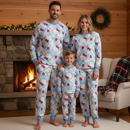 Discover Cute Kitten Family Pajamas, Blue Long Sleeve PJs, Cute Cat Long Tee & Pants PJs, Family Matching Pajamas Set, Pajama Family Xmas Gift