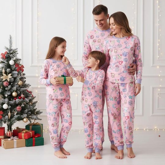 Discover Cute Kitten Family Pajamas, Moon Wand Long Sleeve PJs, Pink Cartoon Long Tee & Pants PJs, Family Matching PJs Set, Pajama Family Gift