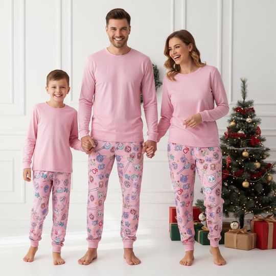 Discover Cute Kitten Family Pajamas, Pink Long Sleeve PJs, Cartoon Long Tee & Pants PJs, Sailor Wand Pajamas Set, Pajama Family Gift