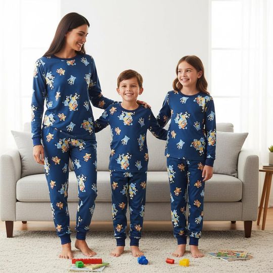 Discover Cartoon Animal Family Pajamas, Blue Long Sleeve PJs, Blue Puppy Long Tee & Pants PJs, Family Matching Pajamas Set, Christmas Gift