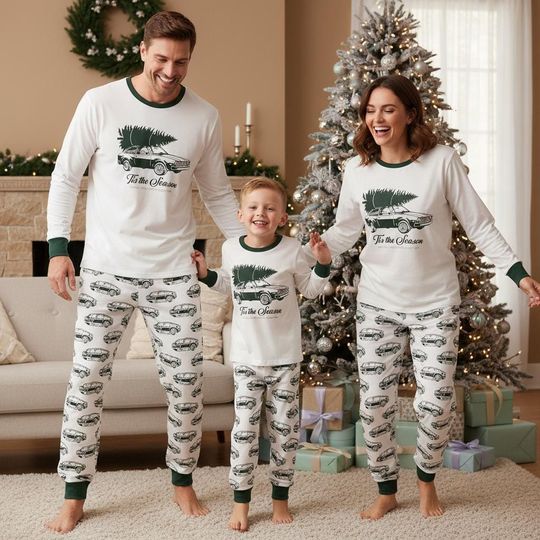 Discover Vintage Car Family Pajamas, Classic Long Sleeve PJs, Merry Christmas Pajamas, Matching Pyjama Set, Xmas Gift For Family