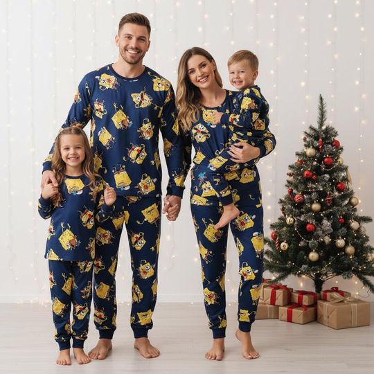Discover Silly Sponge Family Pajamas, Cartoon Long Sleeve PJs, Funny Sponge Long Tee & Pants PJs, Holiday Xmas Eve Outfits