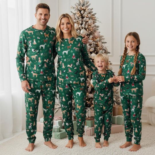 Discover Dog Lover Family Pajamas, Dog Long Pajamas, Green Christmas Long Tee & Pants PJs, Family Matching Pajamas Set, Family Pajamas Gift