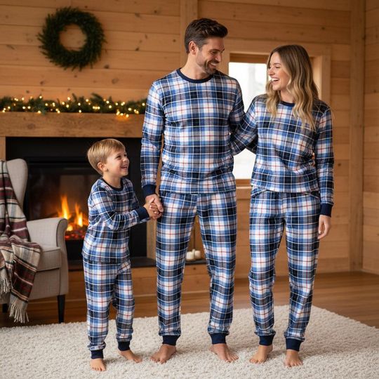 Plaid Family Pajamas Set, Long Sleeve Christmas PJs, Matching Xmas Sleepwear for Adults