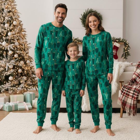 Discover Christmas Tree Family Pajamas, Green Festive Long Sleeve PJs, Holiday Christmas Pajamas, Matching Pyjama Set, Xmas Sleepwear Gift