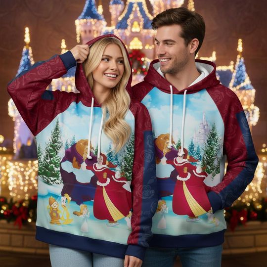 Discover Disney Beauty And The Beast Winter Ice Skating Hoodie, Belle and Beast Christmas Snow Scene Pullover, Fairytale Couple Holiday Outfit