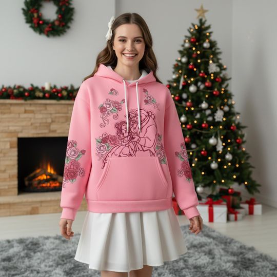 Discover Disney Beauty And The Beast Hoodie, Belle & Beast Pink Rose Pullover, Disney Romantic Hoodie, Disneyland Matching Trip Outfits