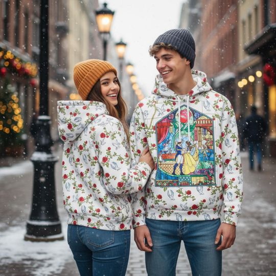 Discover Disney Beauty and the Beast Hoodie, Belle & Beast Dancing Pullover, Belle And Beast Rose Hoodie, Disney Fairytale Matching Trip Outfits