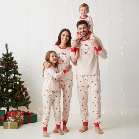 Discover Kitten Love Family Pajama Set, Pink Kitty Long Sleeve Top & Pants, Christmas Pajamas for Adults and Kids